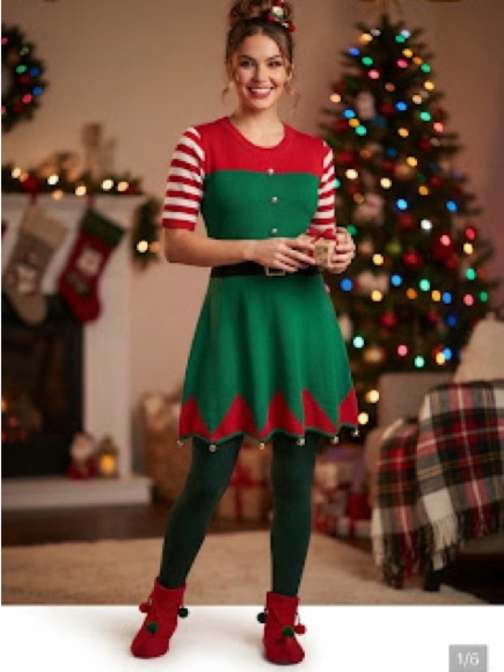 Poof New York Women's S Elf Christmas Short Sleeve Dress W/ Bells Holidays